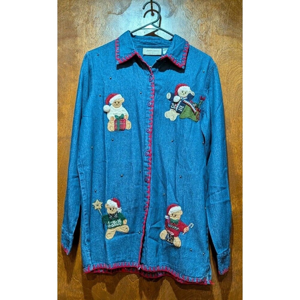 Women's Lemon Grass Denim Long Sleeve Christmas Bears Blouse Size Small